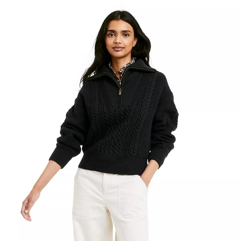 Nili Lotan Quarter Zip Cableknit Pullover Sweater